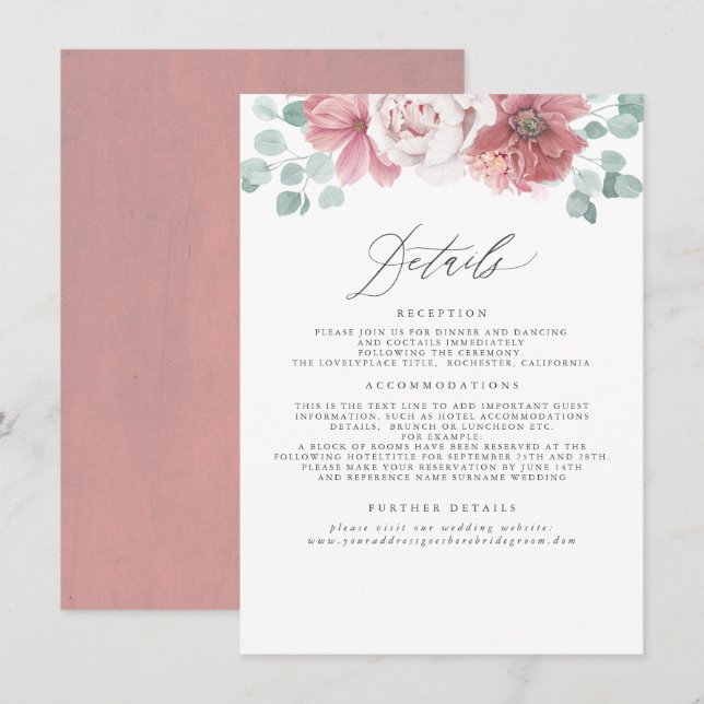 Carte D'accompagnement Mariage floral Dusty Rose (Devant / Derrière)