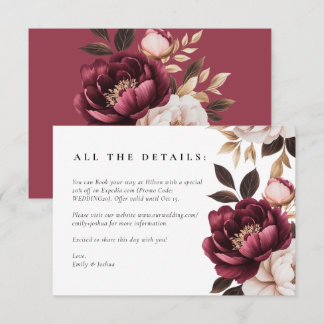 Carte D'accompagnement Mariage Floral Élégant Bourgogne Or