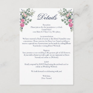 Carte D'accompagnement Mariage Floral Eucalyptus Verdure Bleu Marine Rose