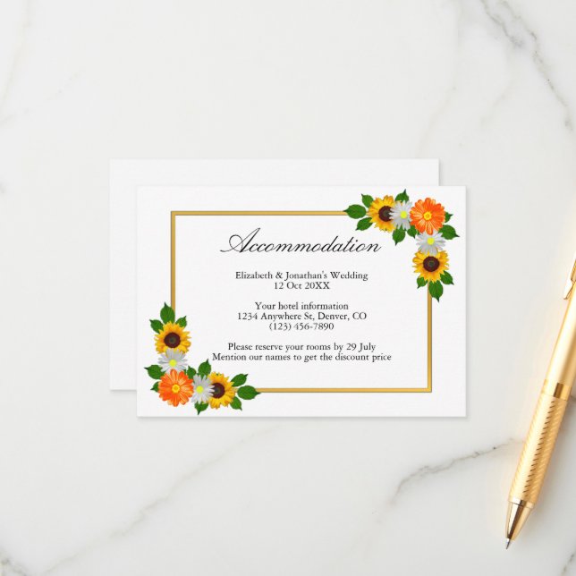 Carte D'accompagnement Mariage Floral Gold Frame Hébergement (Devant/Arrière en situation)