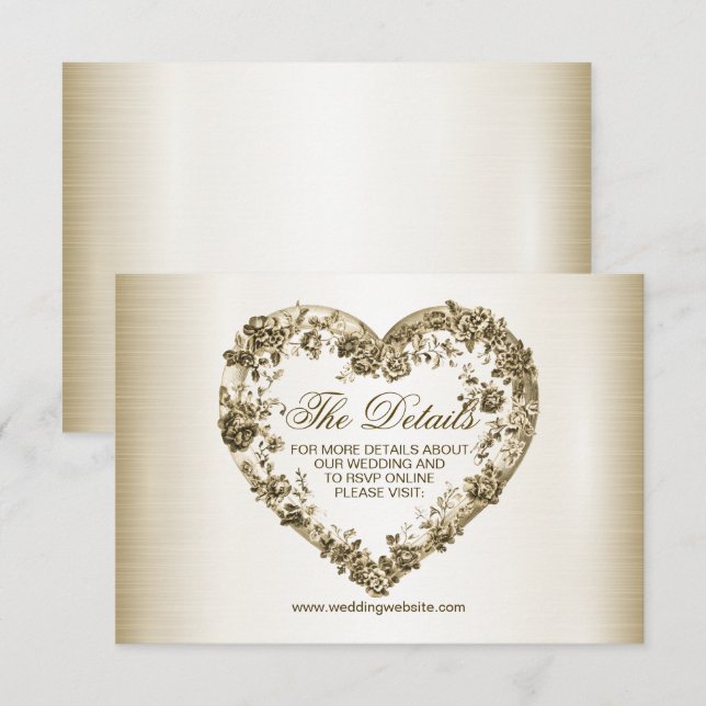 Carte D'accompagnement Mariage Floral Golden Ornate Heart Frame Élégant (Devant / Derrière)