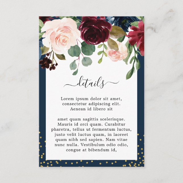Carte D'accompagnement Mariage floral rose bleu marine Bourgogne (Devant)