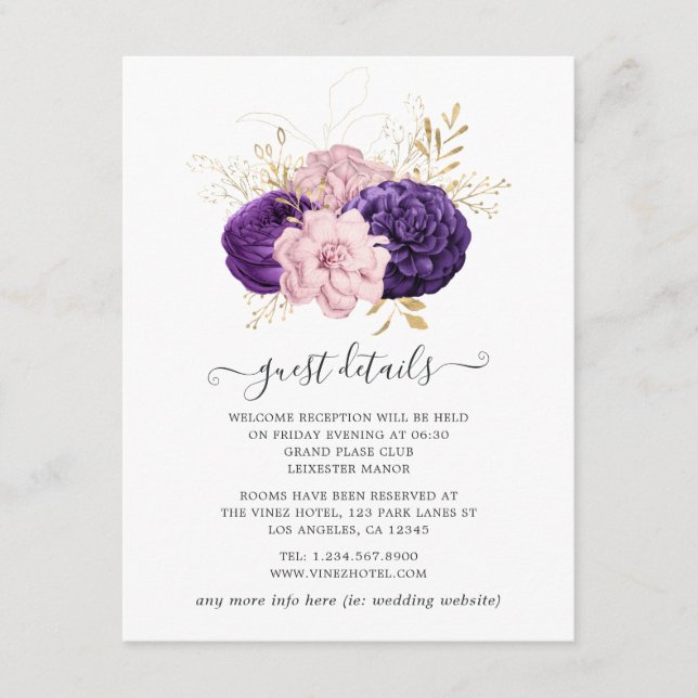 Carte D'accompagnement Mariage Floral rose et violet Détails de l'invité (Devant)