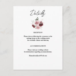 Carte D'accompagnement Mariage floral rouge Bourgogne et rose pâle