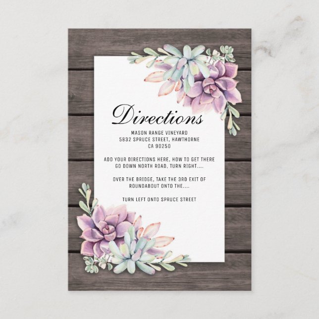 Carte D'accompagnement Mariage Floral Succulent Rustique Directions (Devant)