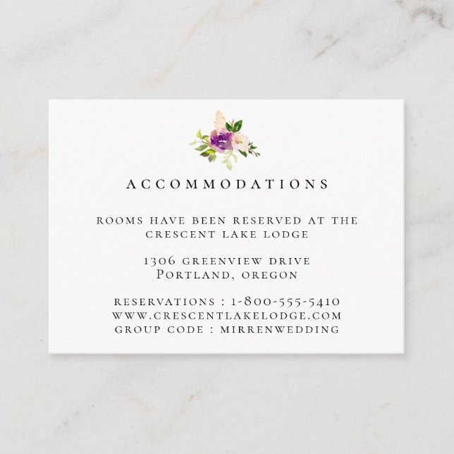 Carte D'accompagnement Mariage Floral Violet Blush Hébergements (Devant)