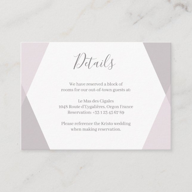 Carte D'accompagnement Mariage géométrique rose blanc gris Détails de l'h (Devant)
