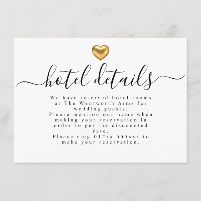 Carte D'accompagnement Mariage Gold Heart simple Détails de l'hôtel (Devant)
