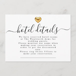 Carte D'accompagnement Mariage Gold Heart simple Détails de l'hôtel