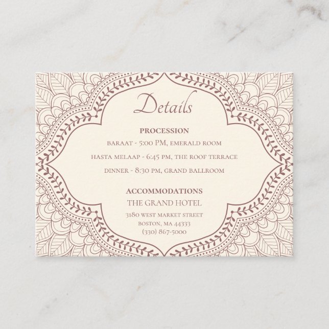 Carte D'accompagnement Mariage indien hindou traditionnel beige Mehndi (Devant)