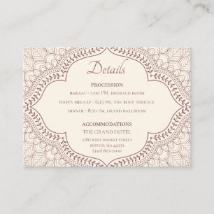 Carte D'accompagnement Mariage indien hindou traditionnel beige Mehndi