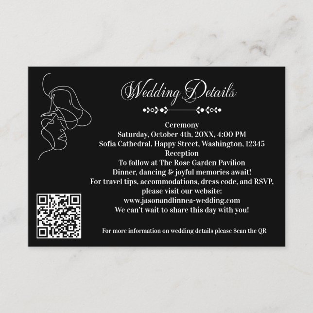 Carte D'accompagnement Mariage Luxueux Noir & Blanc Chic Couple Artistiqu (Devant)