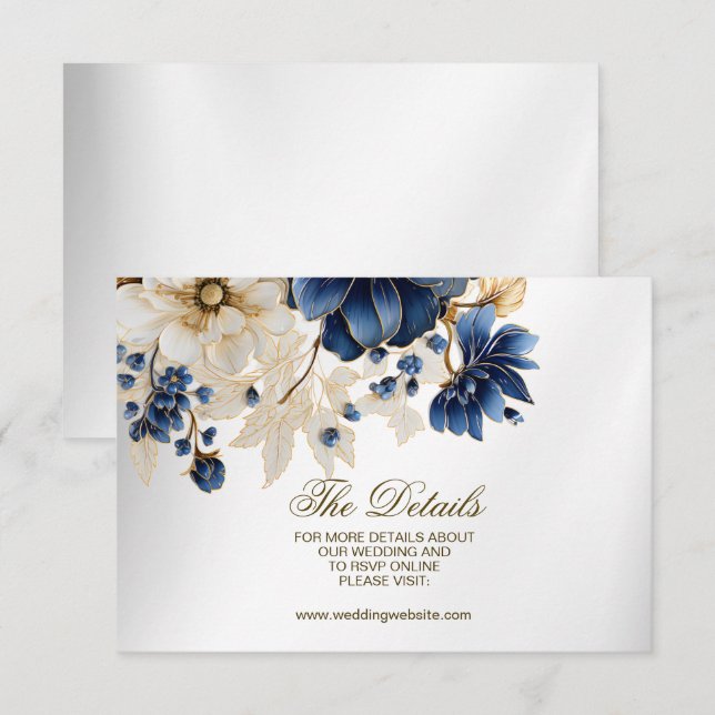 Carte D'accompagnement Mariage Marine Bleu Blanc Or Floral Argent (Devant / Derrière)