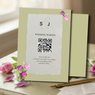 Carte D'accompagnement Mariage minimal floral vert sauge avec QR Code