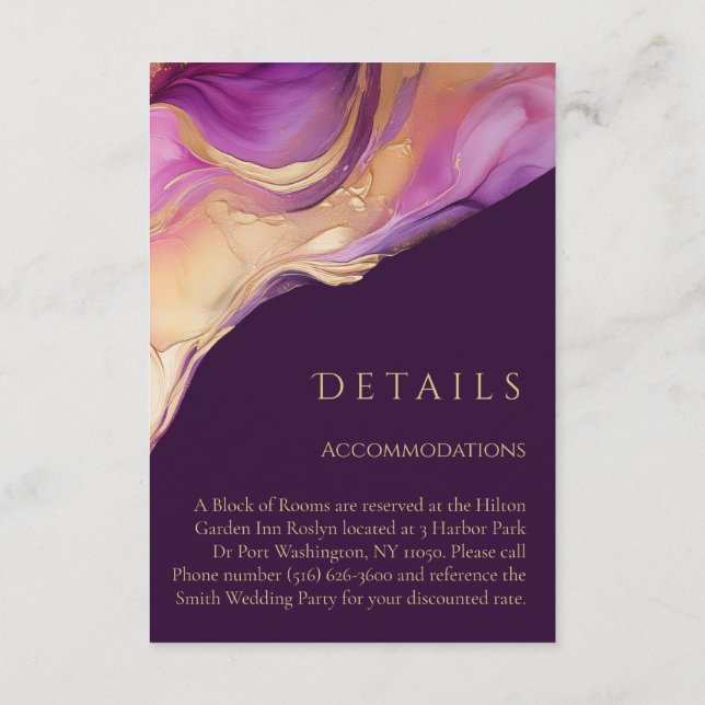 Carte D'accompagnement Mariage moderne Abstrait violet et or élégant (Dos)