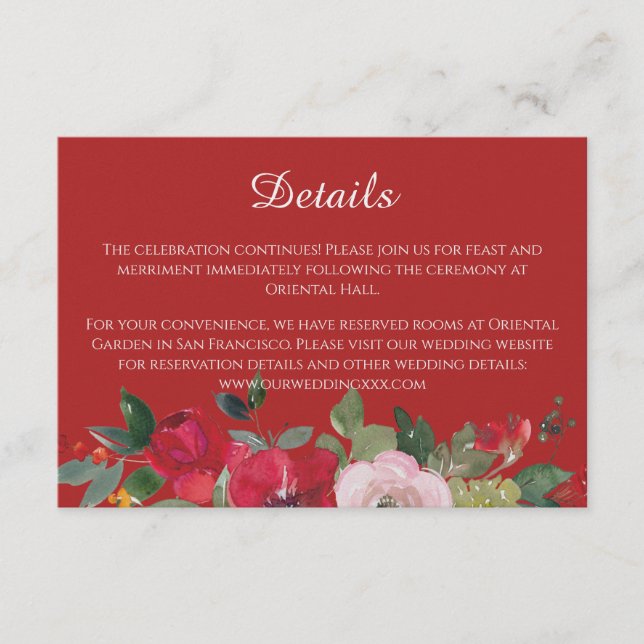 Carte D'accompagnement Mariage moderne chinois rose rouge détails (Devant)