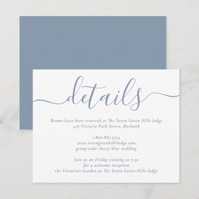 Carte D'accompagnement Mariage Moderne Écriture Poussiéreuse Bleue (Devant / Derrière)