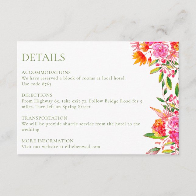 Carte D'accompagnement Mariage moderne rose orange vert Détails (Devant)