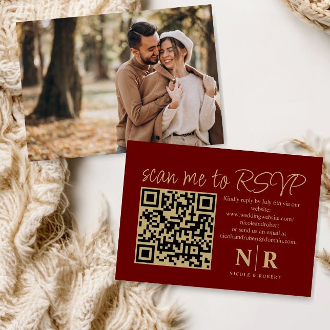 Carte D'accompagnement Mariage Monogramme QR Code RSVP Avec Élégant Photo (Créateur téléchargé)