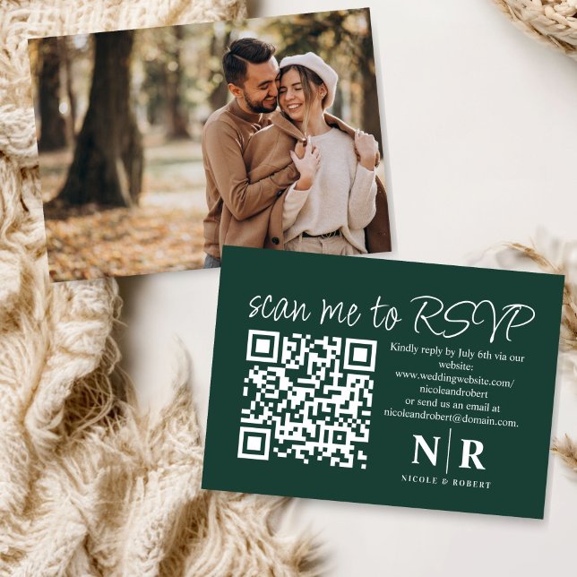 Carte D'accompagnement Mariage Monogramme QR Code RSVP Avec Élégant Photo (Créateur téléchargé)