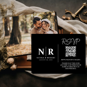 Carte D'accompagnement Mariage Monogramme RSVP QR Code Photo Élégante