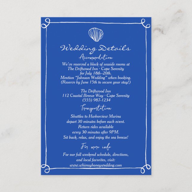 Carte D'accompagnement Mariage nautique écrit à la main Détails et direct (Devant)