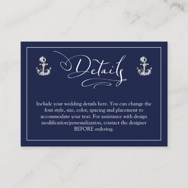 Carte D'accompagnement Mariage Nautique Floral Ancre Bleu Marine Détails (Devant)