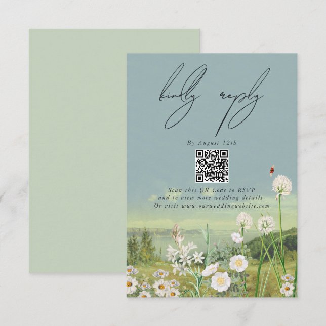 Carte D'accompagnement Mariage Paysage de montagne Fleur sauvage aquarell (Devant / Derrière)