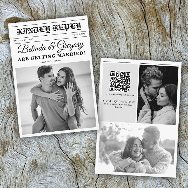 Carte D'accompagnement Mariage photo noir et blanc du journal mariage (Wedding Newspaper Fun Black & White Photo Wedding Enclosure Card)
