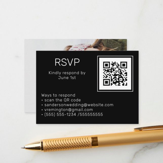 Carte D'accompagnement Mariage Photo RSVP Online QR Code noir (Devant/Arrière en situation)