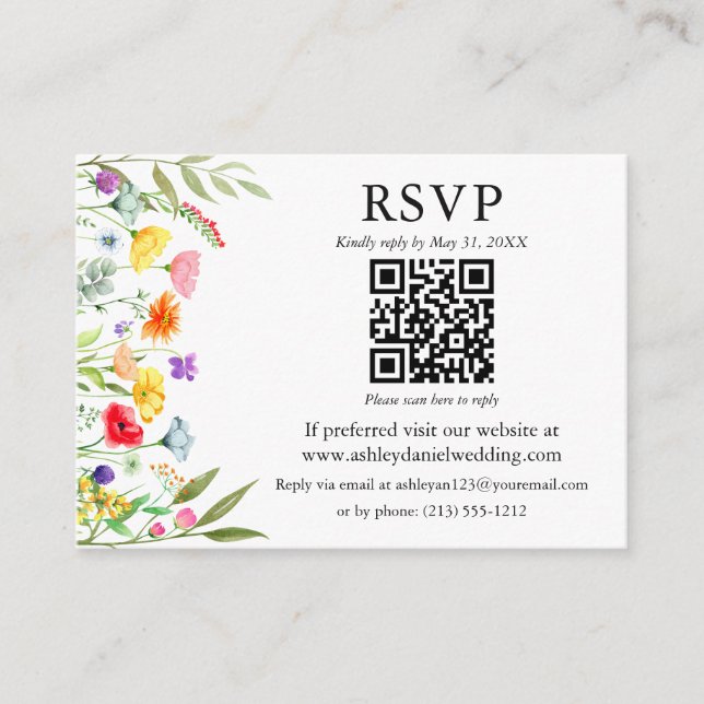 Carte D'accompagnement Mariage QR RSVP Fleur sauvage aquarelle (Devant)