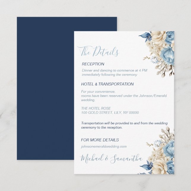 Carte D'accompagnement Mariage Rose élégant bleu et ivoire (Devant / Derrière)