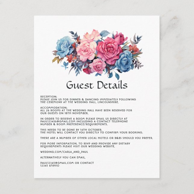 Carte D'accompagnement Mariage rose et bleu Floral Détails de l'invité (Devant)