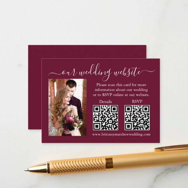 Carte D'accompagnement Mariage RSVP Détails Photo 2 QR Bourgogne (Devant/Arrière en situation)