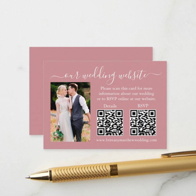 Carte D'accompagnement Mariage RSVP Détails Photo 2 QR Dusty Rose (Devant/Arrière en situation)
