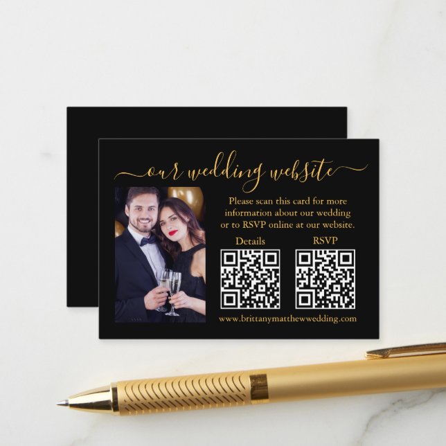 Carte D'accompagnement Mariage RSVP Détails Photo 2 QR Gold Black (Devant/Arrière en situation)