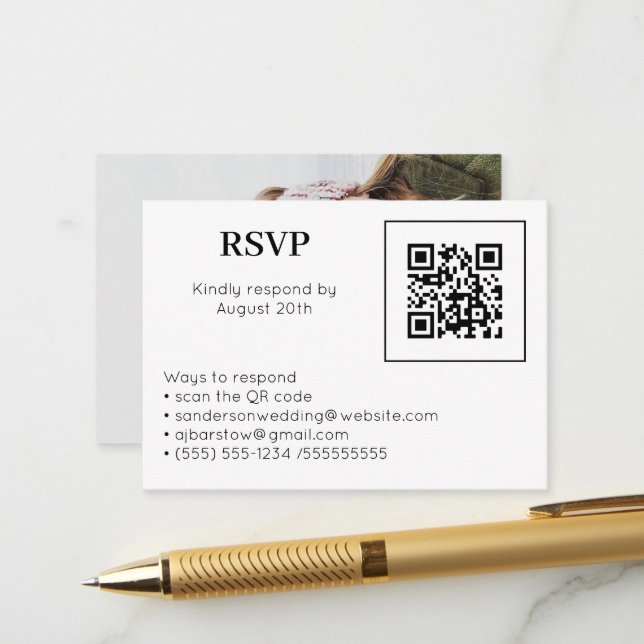 Carte D'accompagnement Mariage RSVP en ligne QR Code photo blanc (Devant/Arrière en situation)