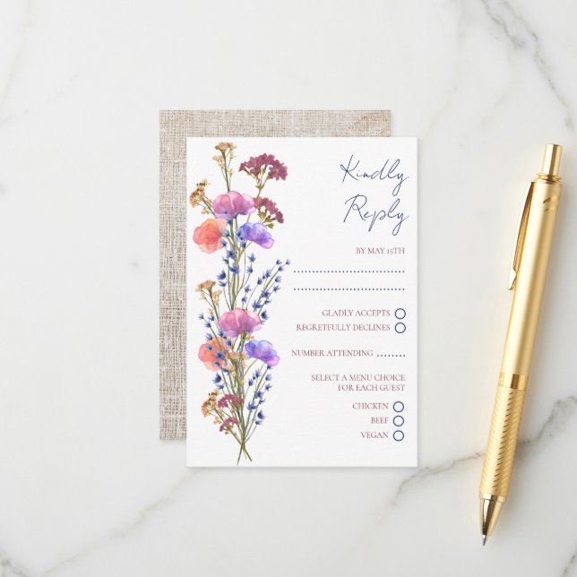 Carte D'accompagnement Mariage RSVP Floral Délicat Rustique Acrylique (Devant/Arrière en situation)