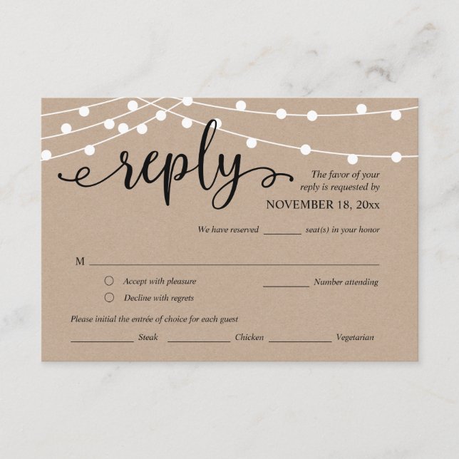 Carte D'accompagnement Mariage RSVP, Options de repas, voyants à cordes K (Devant)