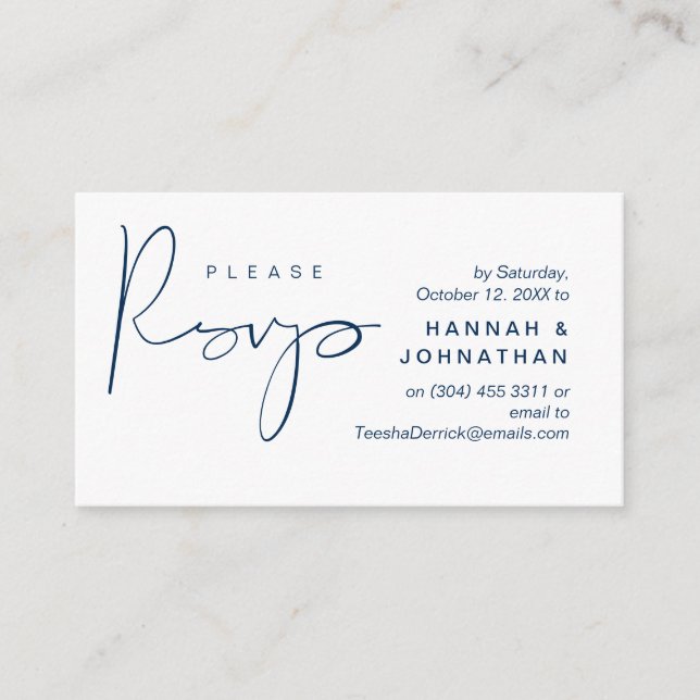 Carte D'accompagnement Mariage RSVP par téléphone ou par courriel réponse (Devant)