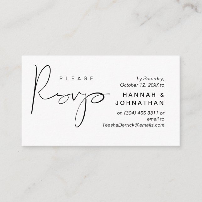 Carte D'accompagnement Mariage RSVP par téléphone ou par courriel réponse (Devant)