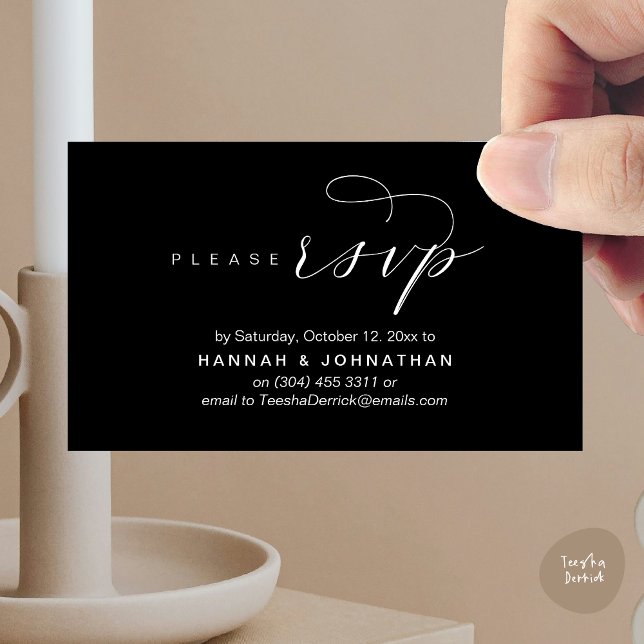 Carte D'accompagnement Mariage RSVP par téléphone ou par courriel réponse (Wedding RSVP via Phone or email respond Enclosure Card, Lunch, Brunch, Dinner, Party, Classy Black)