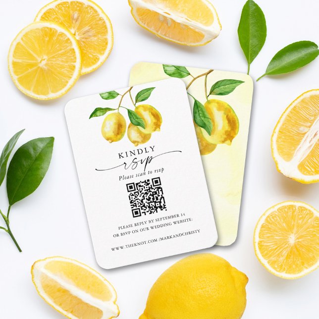 Carte D'accompagnement Mariage RSVP QR Code Citron Citrus (With a unique QR code printed on this lemon design, guests can quickly and easily RSVP.)