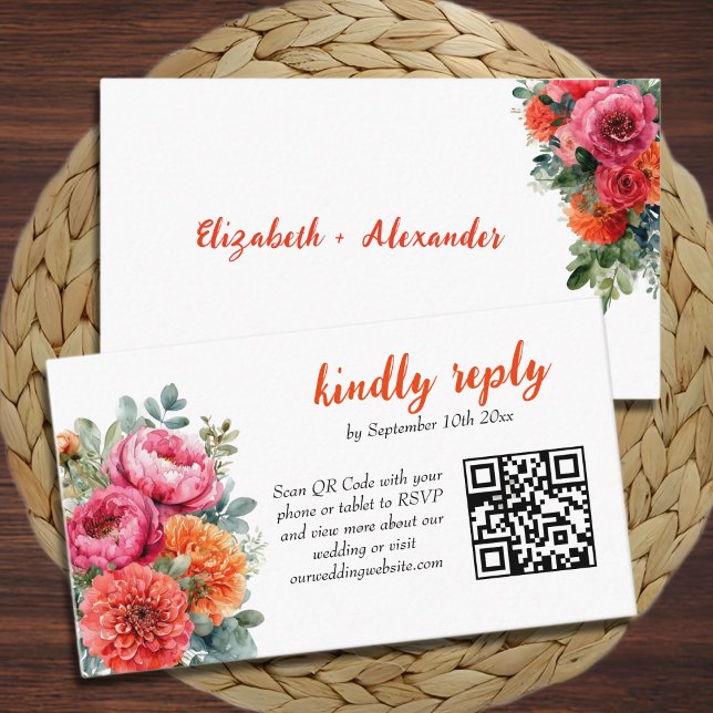 Carte D'accompagnement Mariage RSVP QR code Orange rose Aquarelle Floral (Créateur téléchargé)
