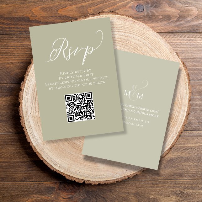 Carte D'accompagnement Mariage RSVP QR Code Script Sage Vert (Elegant RSVP card with a scannable QR Code )