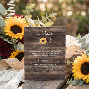 Carte D'accompagnement Mariage rustique en bois de tournesol et de roses