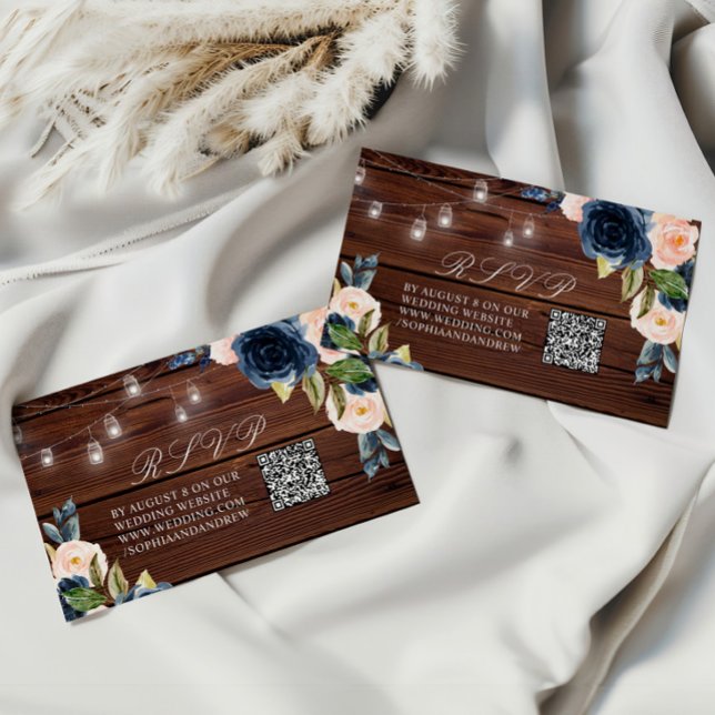 Carte D'accompagnement Mariage Rustique Fleur Bleu Marine QR RSVP (Créateur téléchargé)