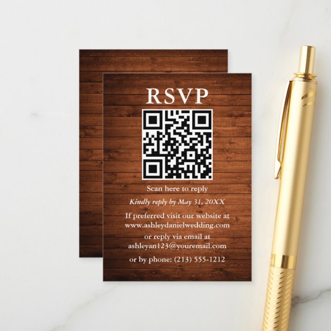 Carte D'accompagnement Mariage rustique QR en bois RSVP (Devant/Arrière en situation)