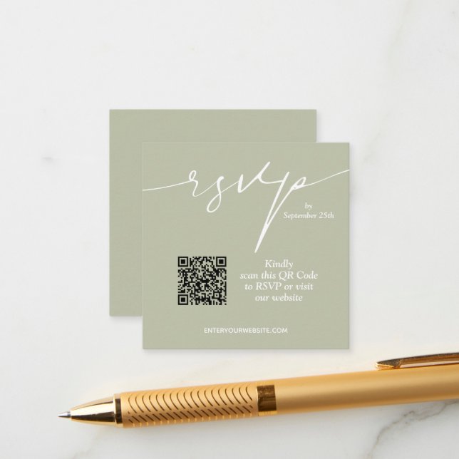 Carte D'accompagnement Mariage simple chic avec code QR vert sauge (Devant/Arrière en situation)