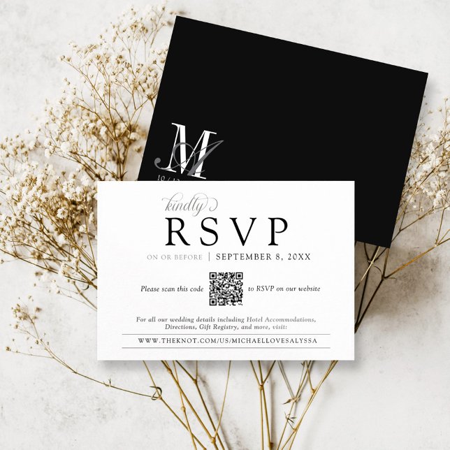 Carte D'accompagnement Mariage simple de monogramme noir et blanc QR RSVP (Simple classic black and white vintage monogram crest informal QR code rsvp on wedding website card)
